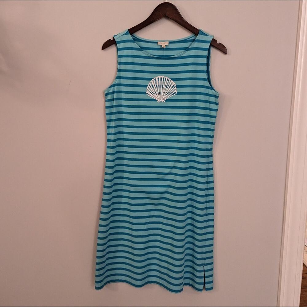 Women's NEW Talbots Seashell Stripe Dress Turquoise Mint Small Petite